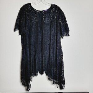 Roaman's Black Lace Top Size 18‎ Long Tunic Sharkbite Hem Pullover Lined Zip Up